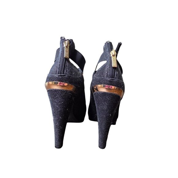 Guess Black Glitter Fabric Platform Heels With Back Zipper & Ankle Strap 8.5M - Picture 4 of 16